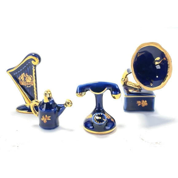 Other - Limoges France Miniature Porcelain Set Blue Gold Telephone Gramophone Lot